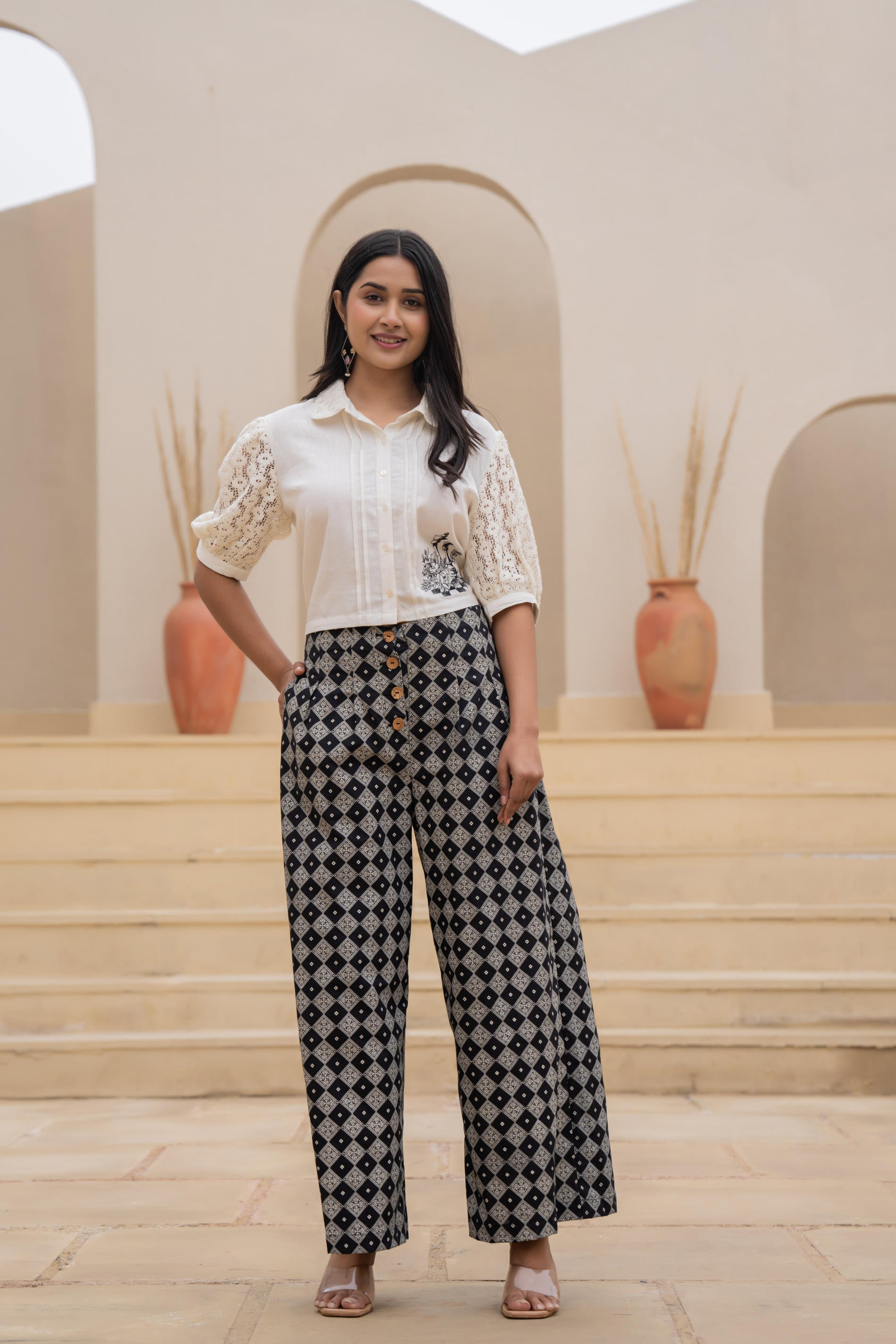Juniper White Lace-Sleeve Shirt Top With Printed Wide-Leg Pants Co-Ord Set - Distacart