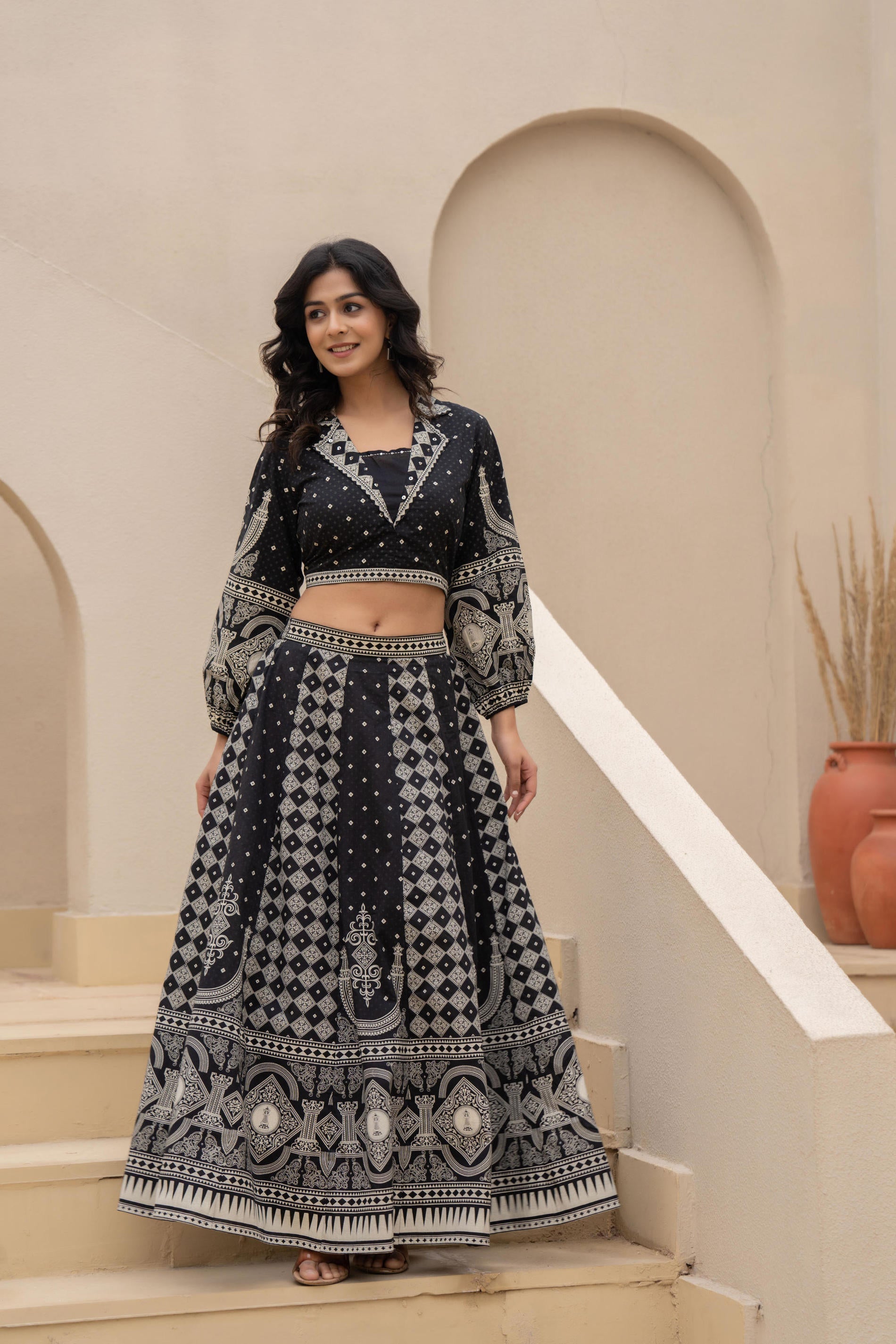 Juniper Black & White Printed Lehenga Choli Set with Ethnic Motifs