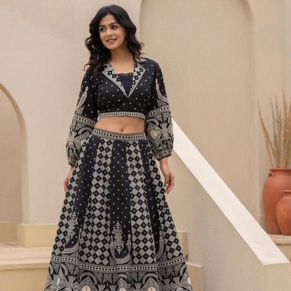 Juniper Black & White Printed Lehenga Choli Set with Ethnic Motifs