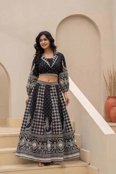 Juniper Black & White Printed Lehenga Choli Set with Ethnic Motifs
