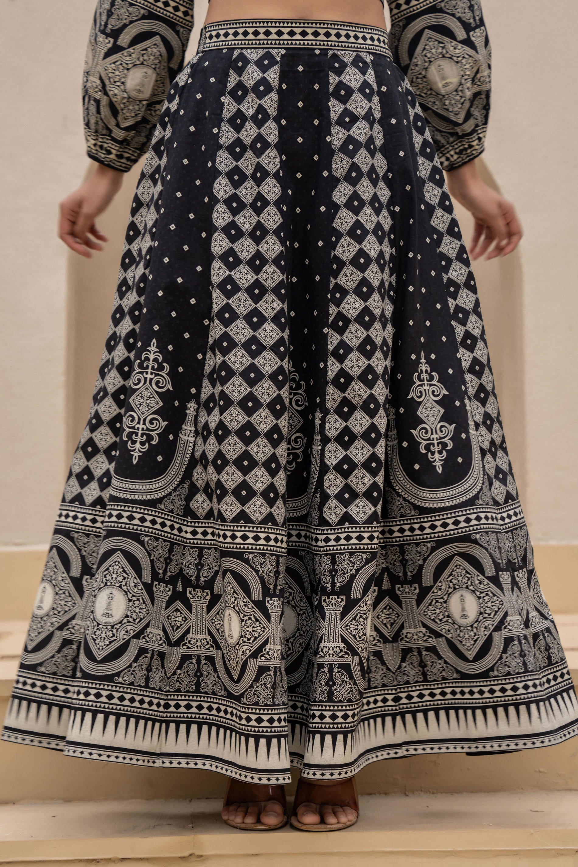 Juniper Black & White Printed Lehenga Choli Set with Ethnic Motifs