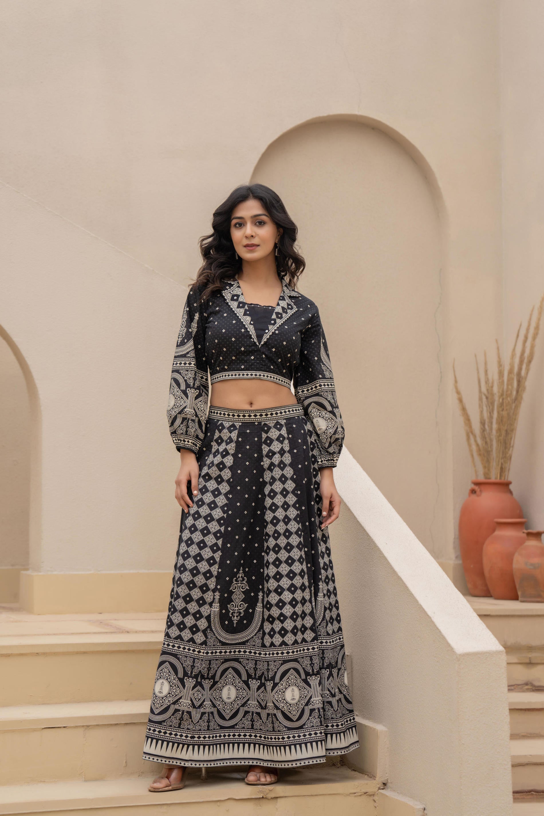 Juniper Black & White Printed Lehenga Choli Set with Ethnic Motifs