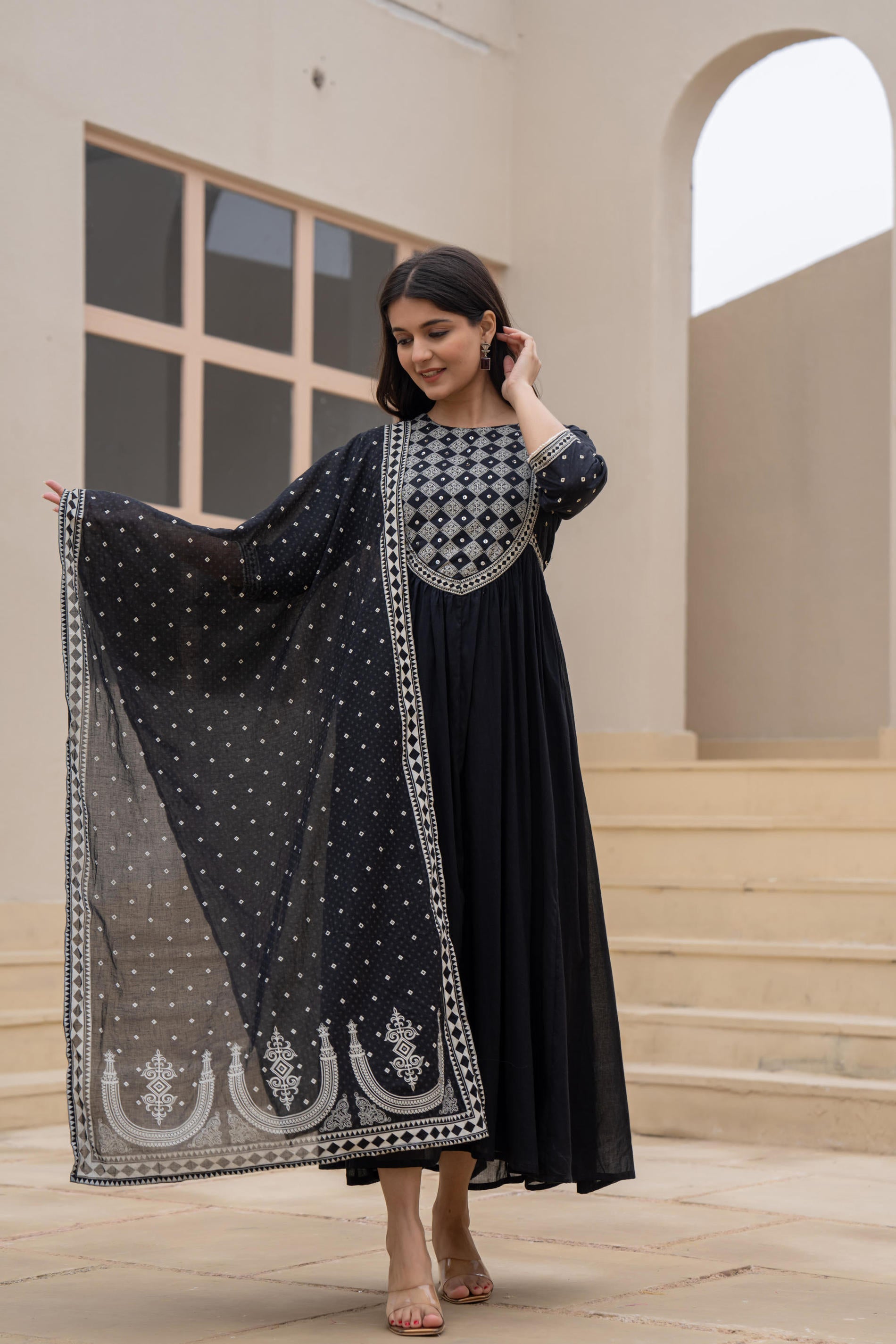 Juniper Black Anarkali Dress with Embroidered Dupatta