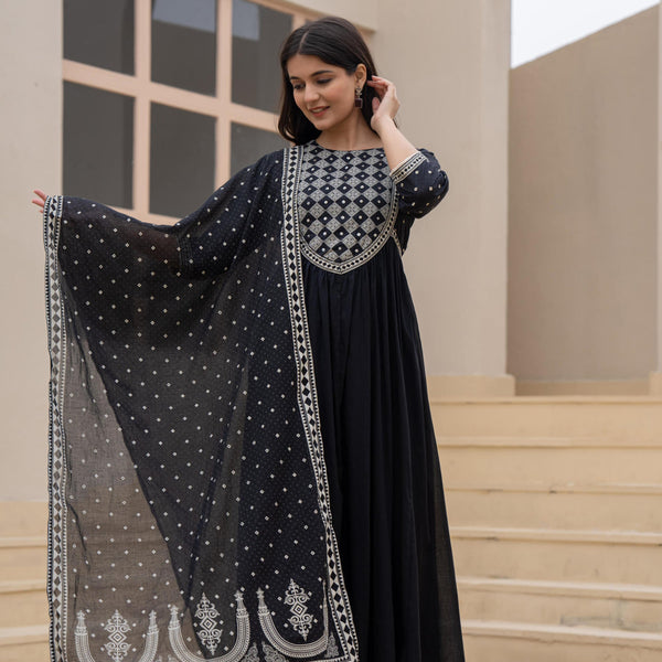 Juniper Black Anarkali Dress With Embroidered Dupatta