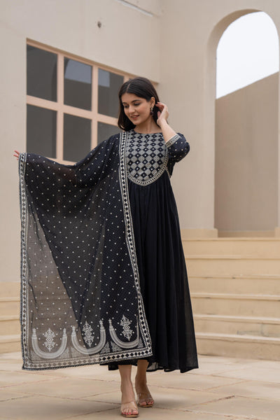 Juniper Black Anarkali Dress With Embroidered Dupatta