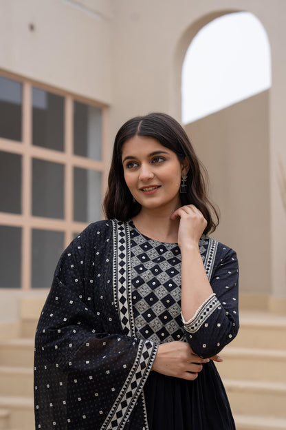 Juniper Black Anarkali Dress with Embroidered Dupatta - Distacart
