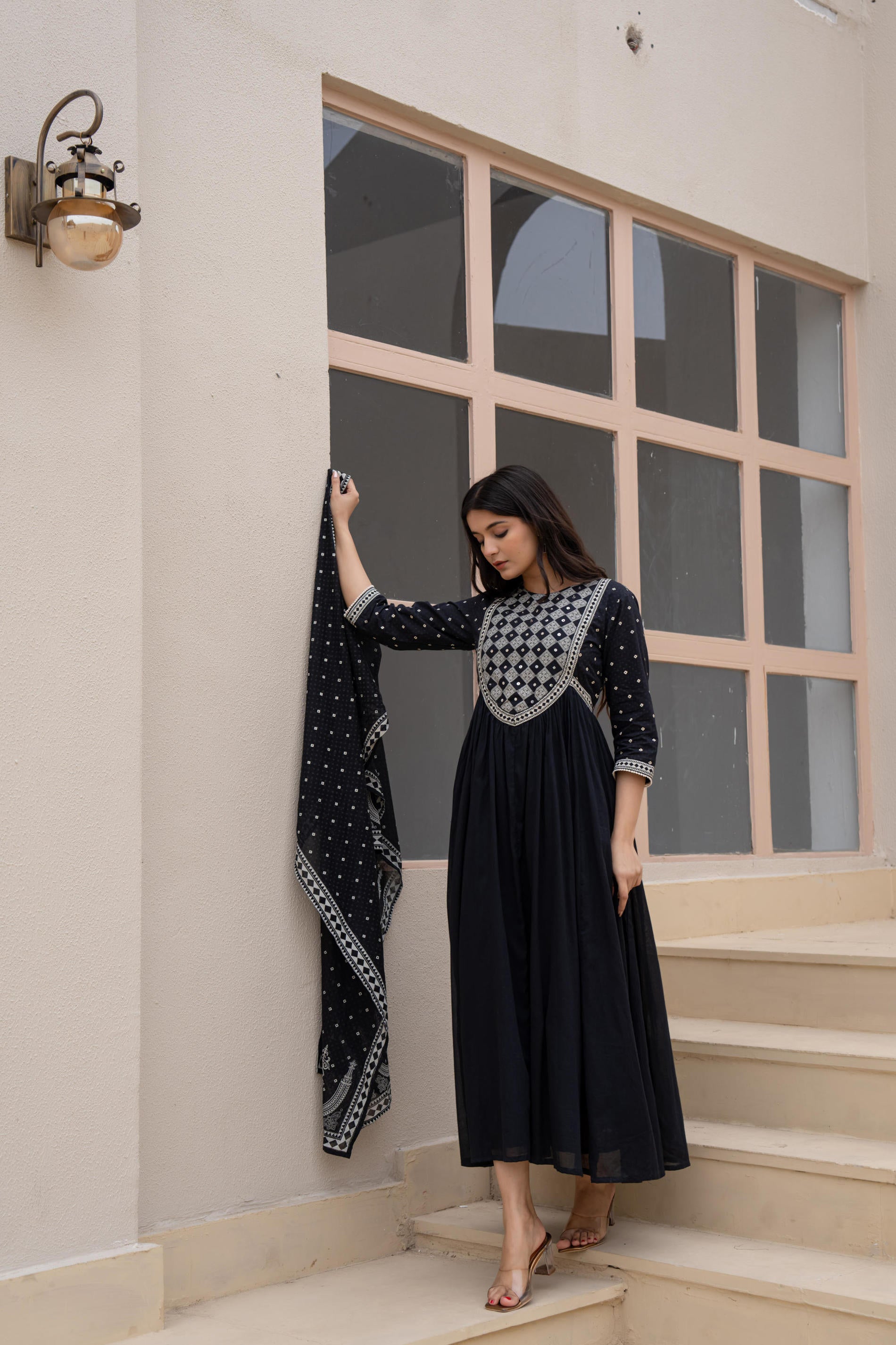 Juniper Black Anarkali Dress with Embroidered Dupatta - Distacart
