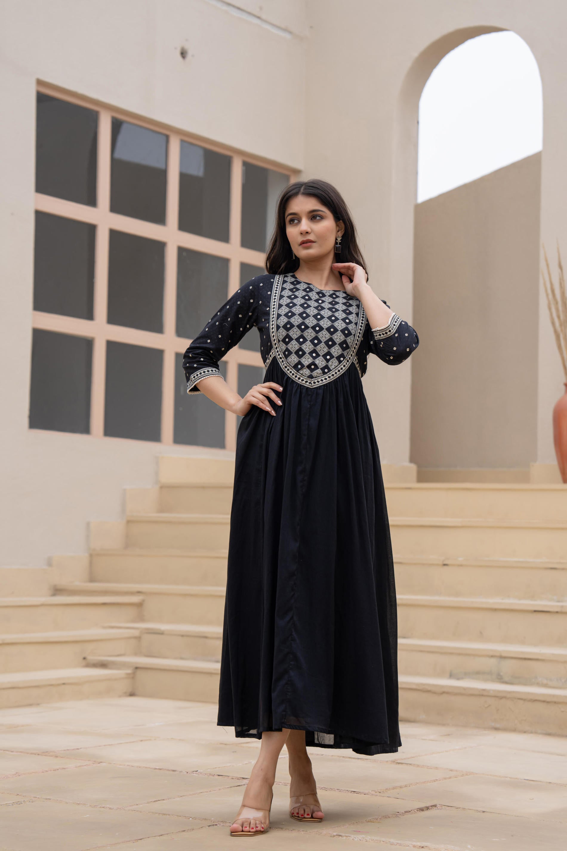 Juniper Black Anarkali Dress with Embroidered Dupatta - Distacart