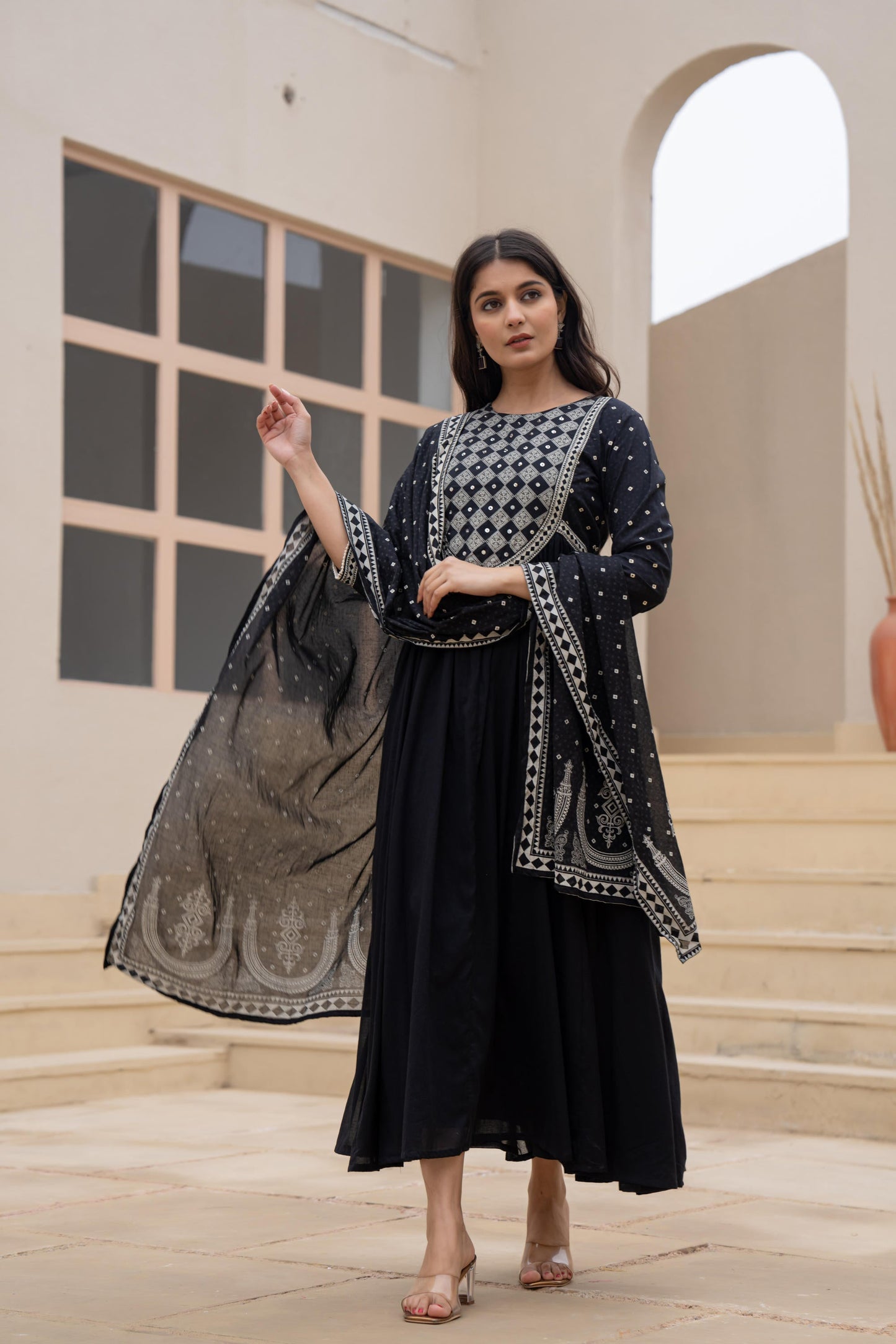 Juniper Black Anarkali Dress with Embroidered Dupatta - Distacart