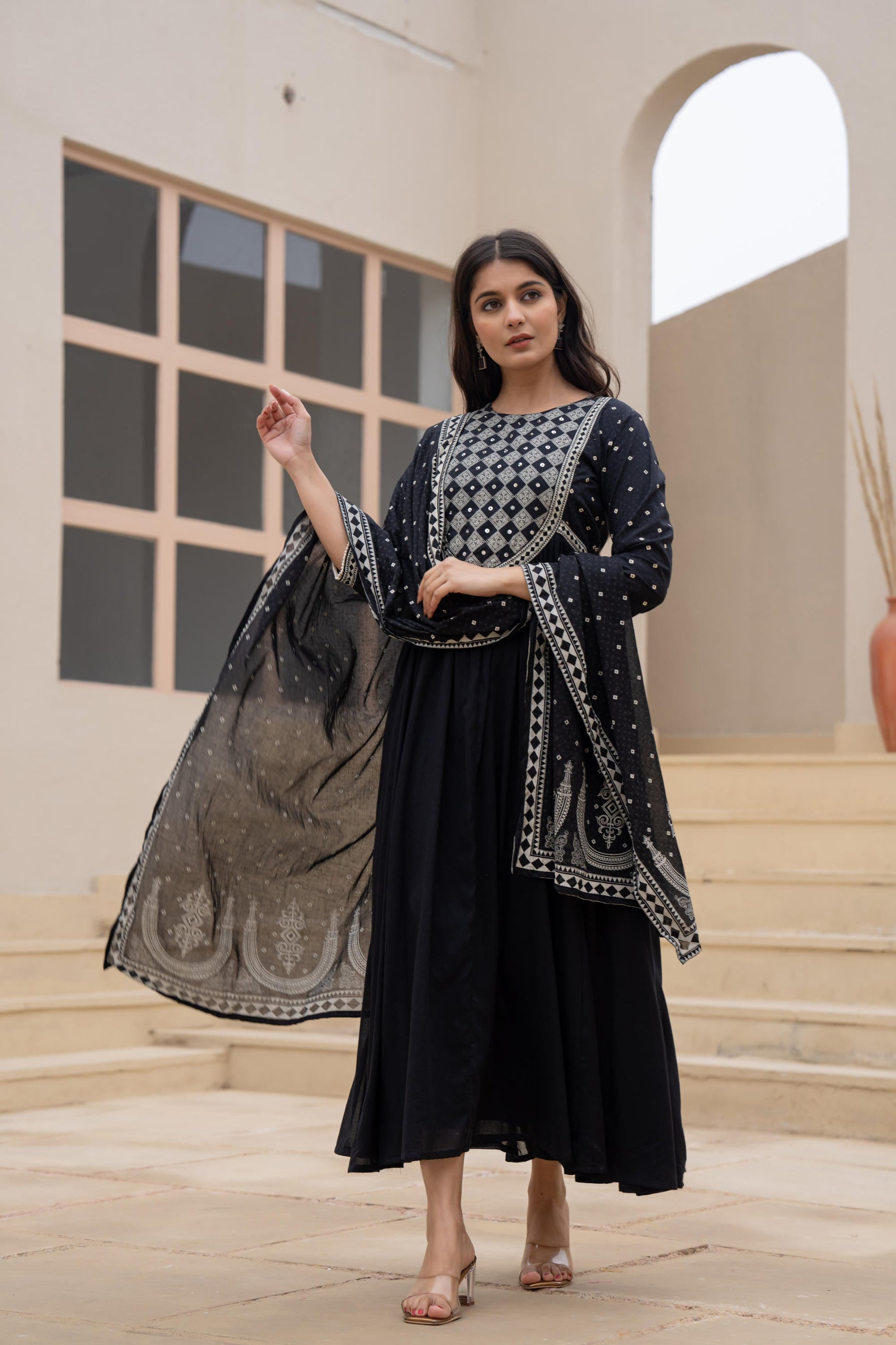 Juniper Black Anarkali Dress with Embroidered Dupatta - Distacart