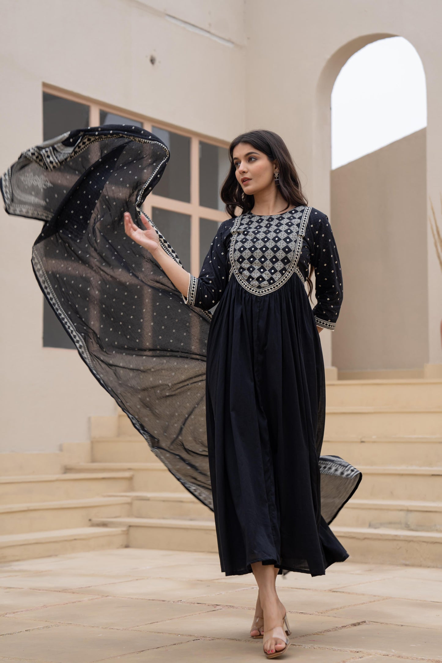Juniper Black Anarkali Dress with Embroidered Dupatta - Distacart