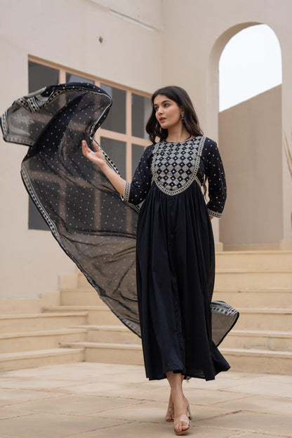 Juniper Black Anarkali Dress with Embroidered Dupatta - Distacart