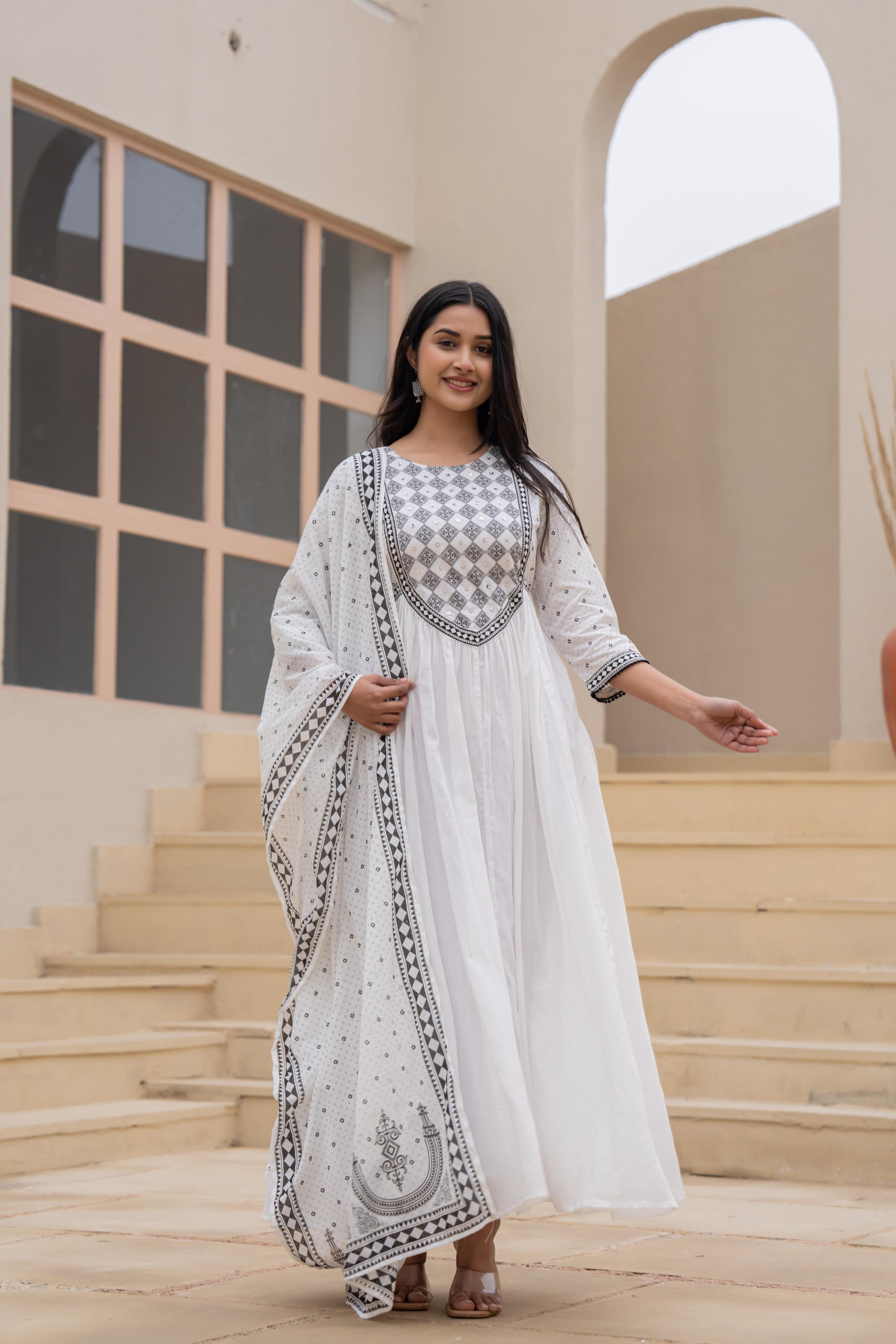 Juniper White Anarkali Dress with Embroidered Dupatta