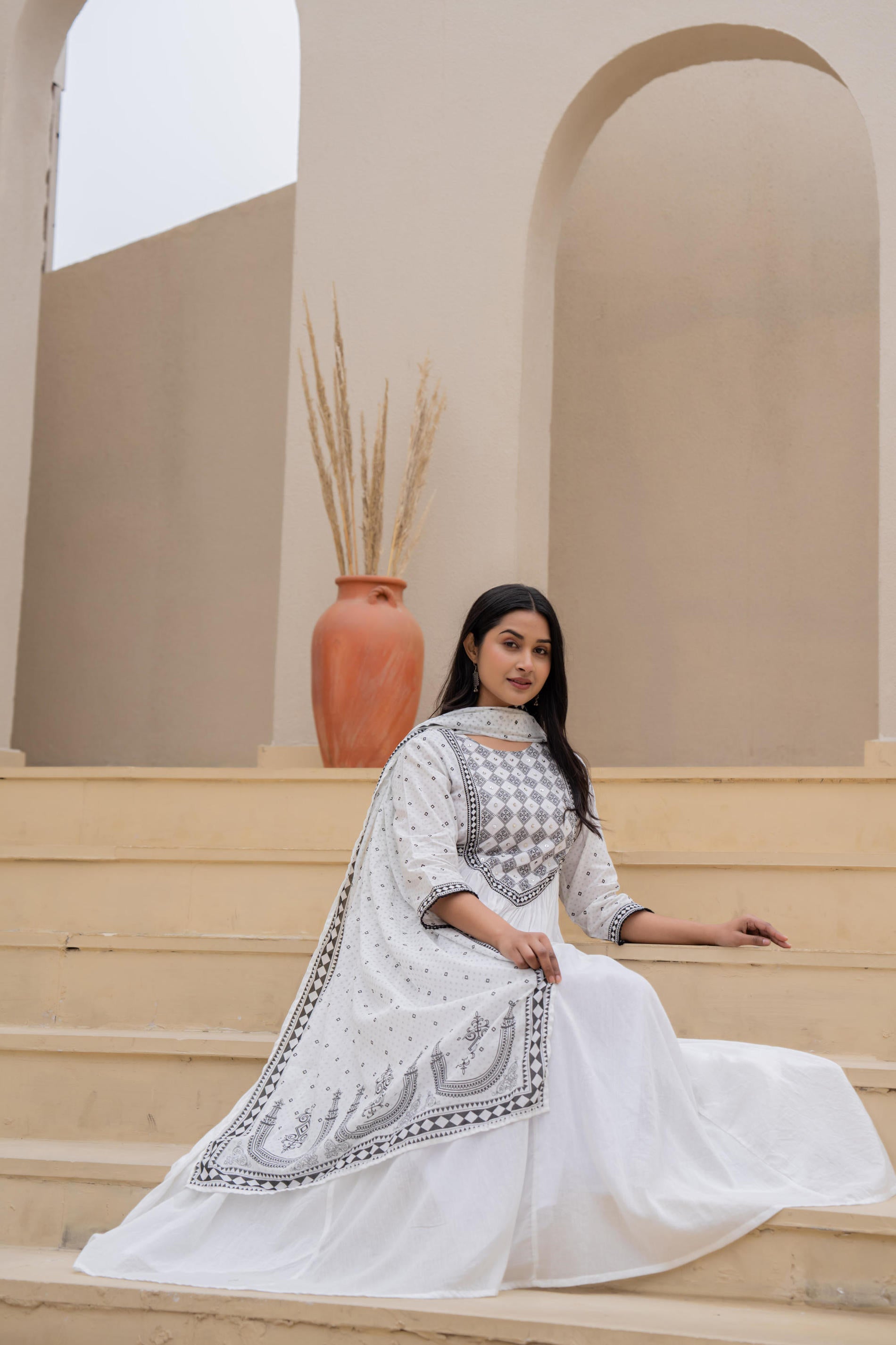 Juniper White Anarkali Dress with Embroidered Dupatta