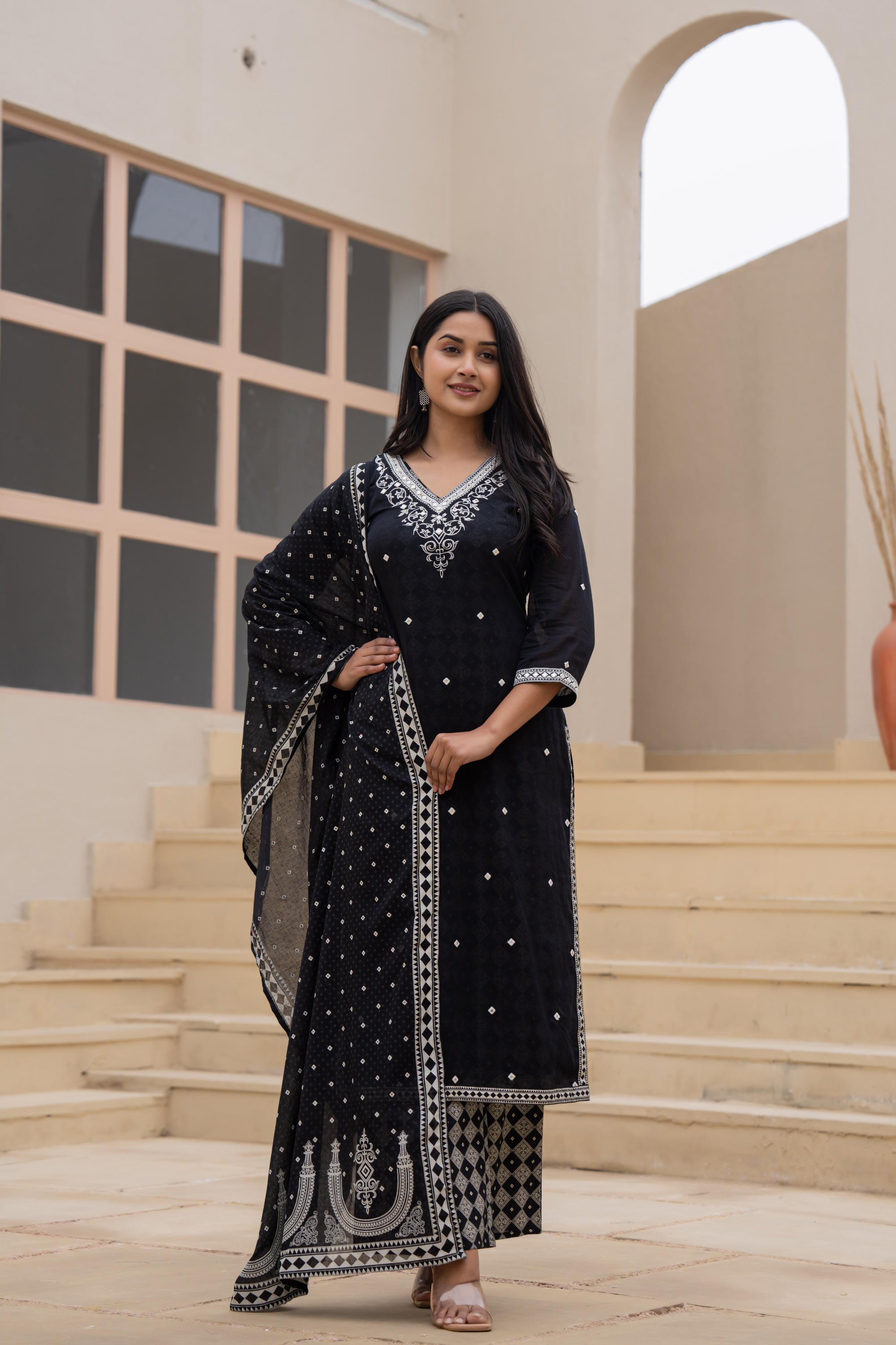 Juniper Black Printed Cotton Kurta Set with Embroidered Neckline & Dupatta