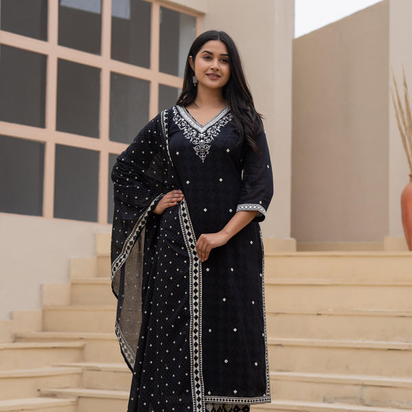 Juniper Black Printed Cotton Kurta Set with Embroidered Neckline & Dupatta