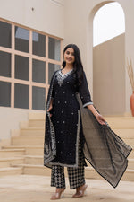 Thumbnail for Juniper Black Printed Cotton Kurta Set With Embroidered Neckline & Dupatta