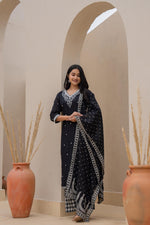 Thumbnail for Juniper Black Printed Cotton Kurta Set With Embroidered Neckline & Dupatta