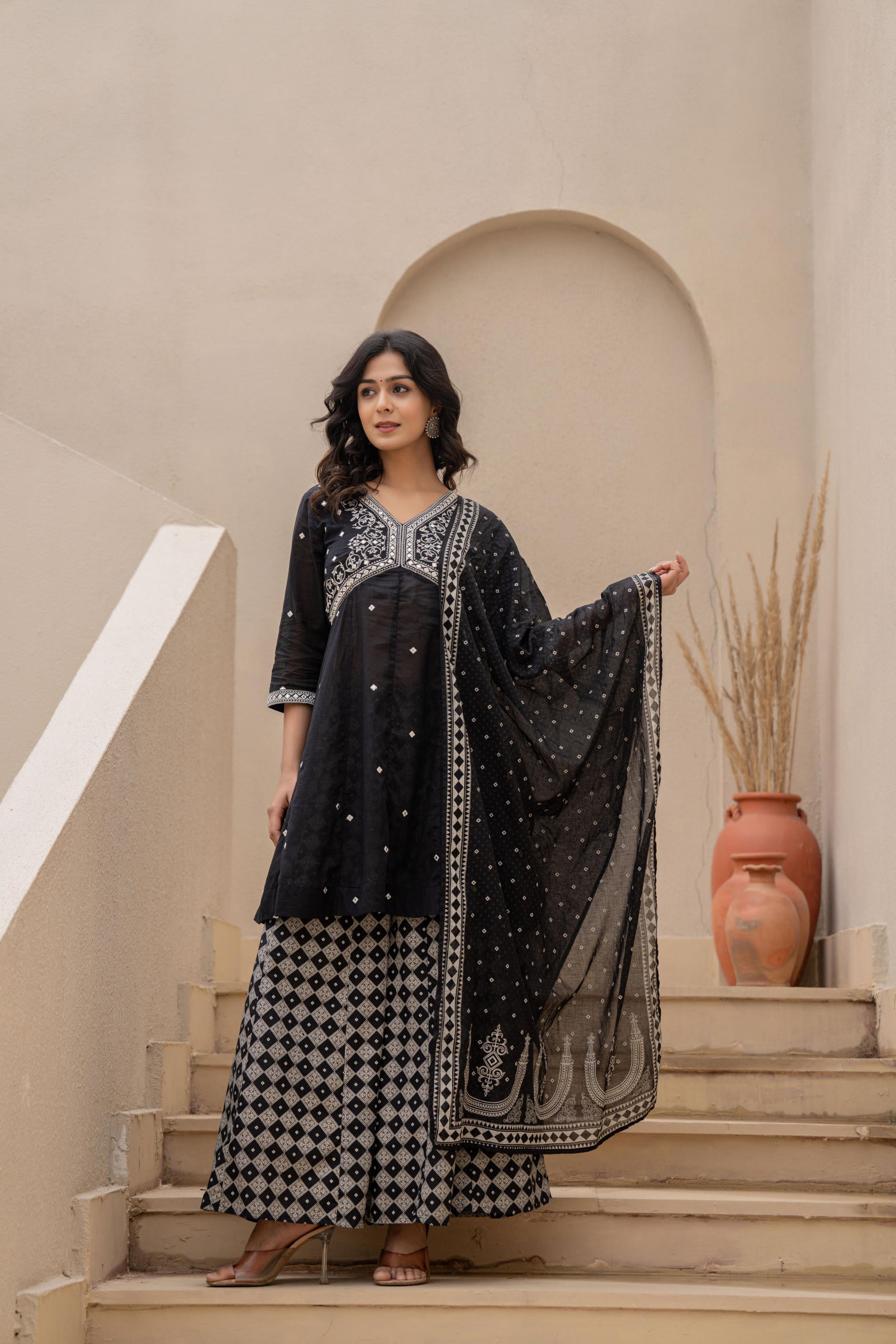 Juniper Black Kurta Set with Heavy Embroidered Neck and Printed Palazzo