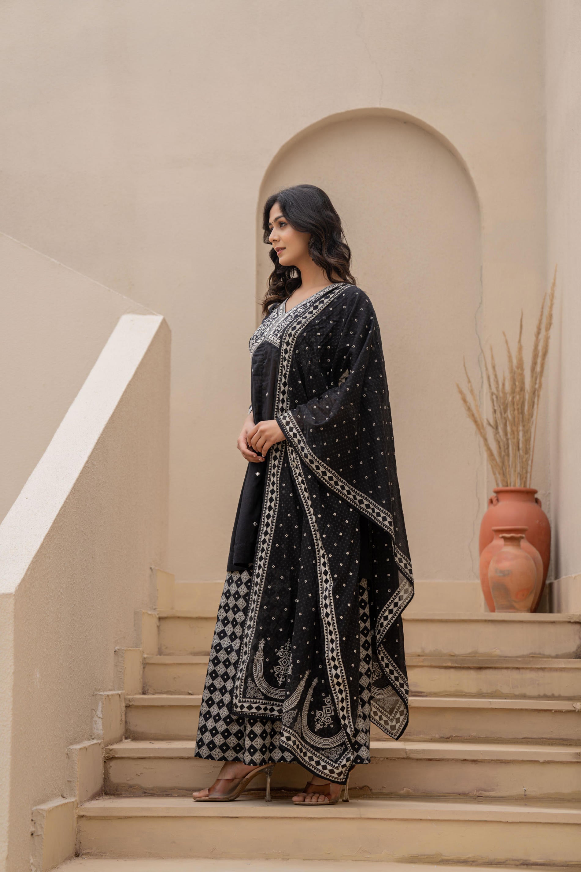 Juniper Black Kurta Set with Heavy Embroidered Neck and Printed Palazzo