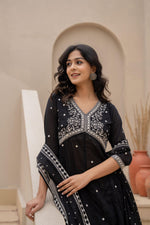 Thumbnail for Juniper Black Kurta Set with Heavy Embroidered Neck and Printed Palazzo