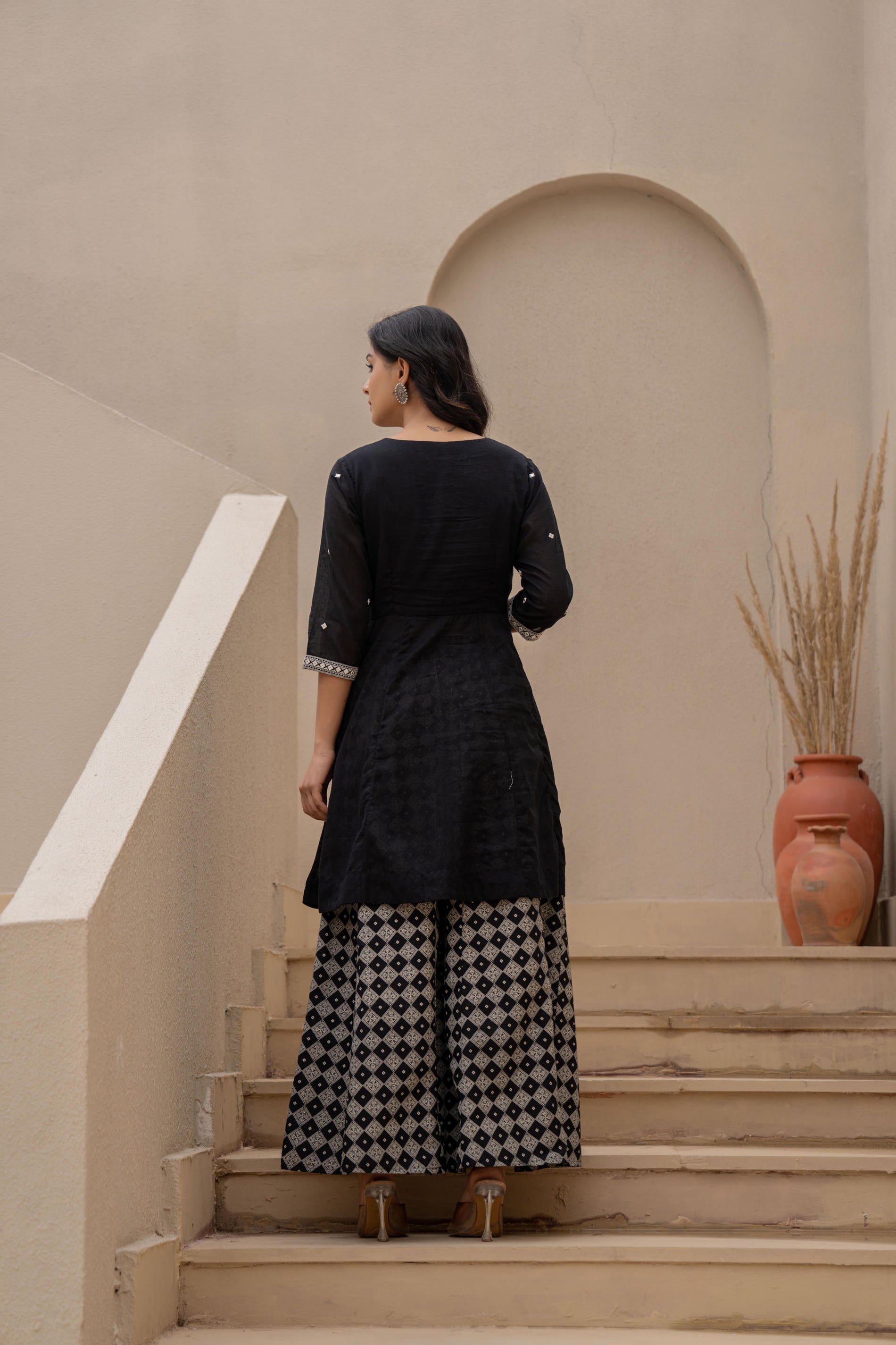 Juniper Black Kurta Set with Heavy Embroidered Neck and Printed Palazzo