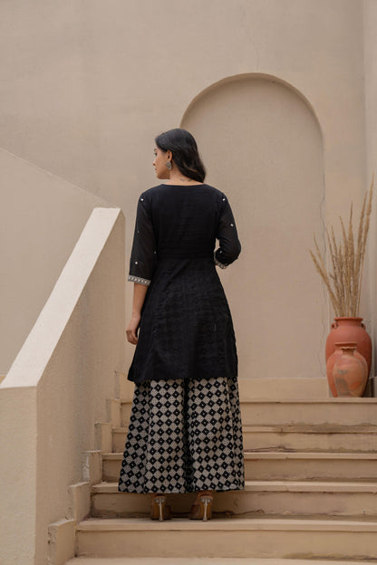 Juniper Black Kurta Set with Heavy Embroidered Neck and Printed Palazzo - Distacart