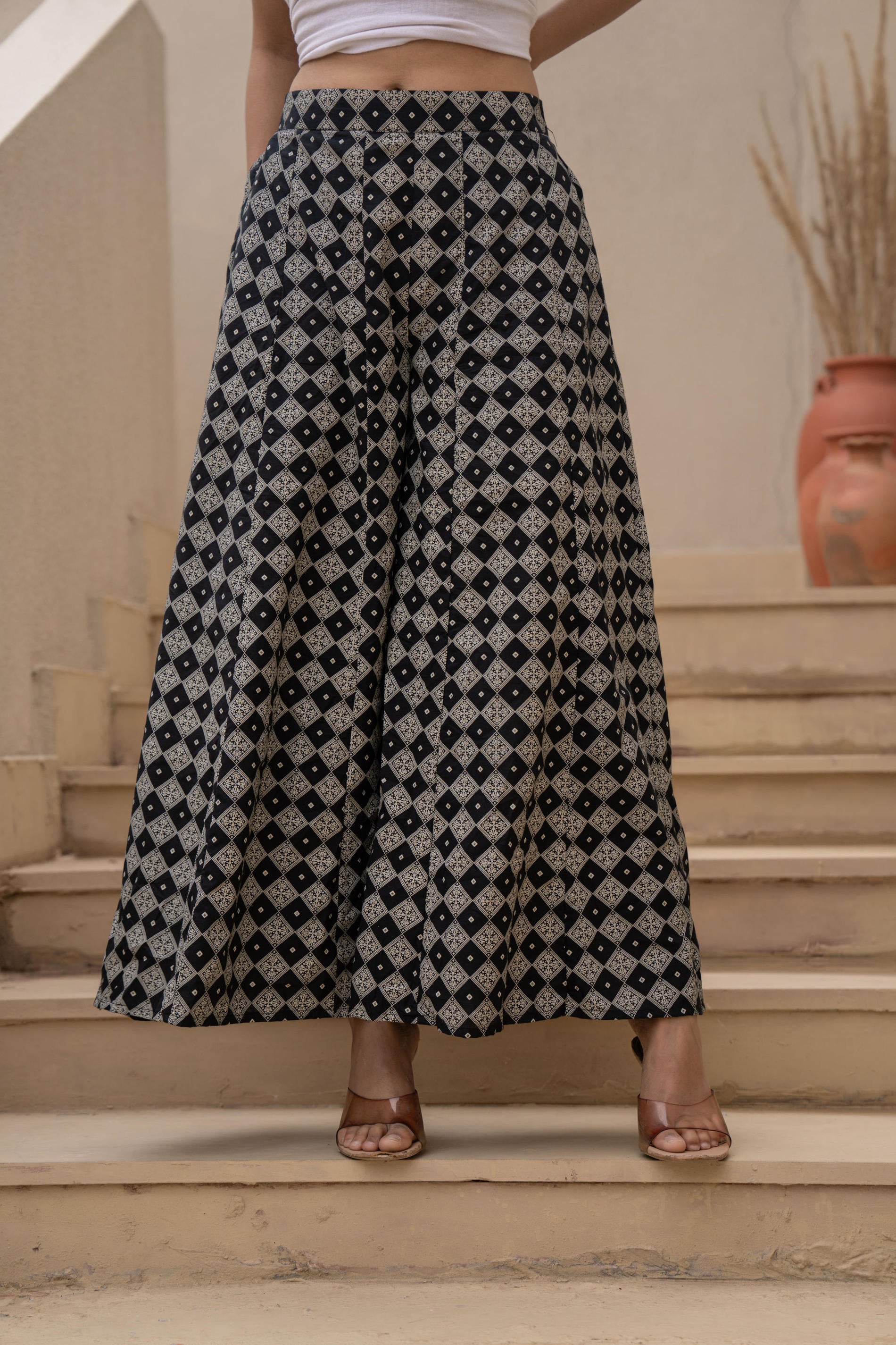 Juniper Black Kurta Set with Heavy Embroidered Neck and Printed Palazzo
