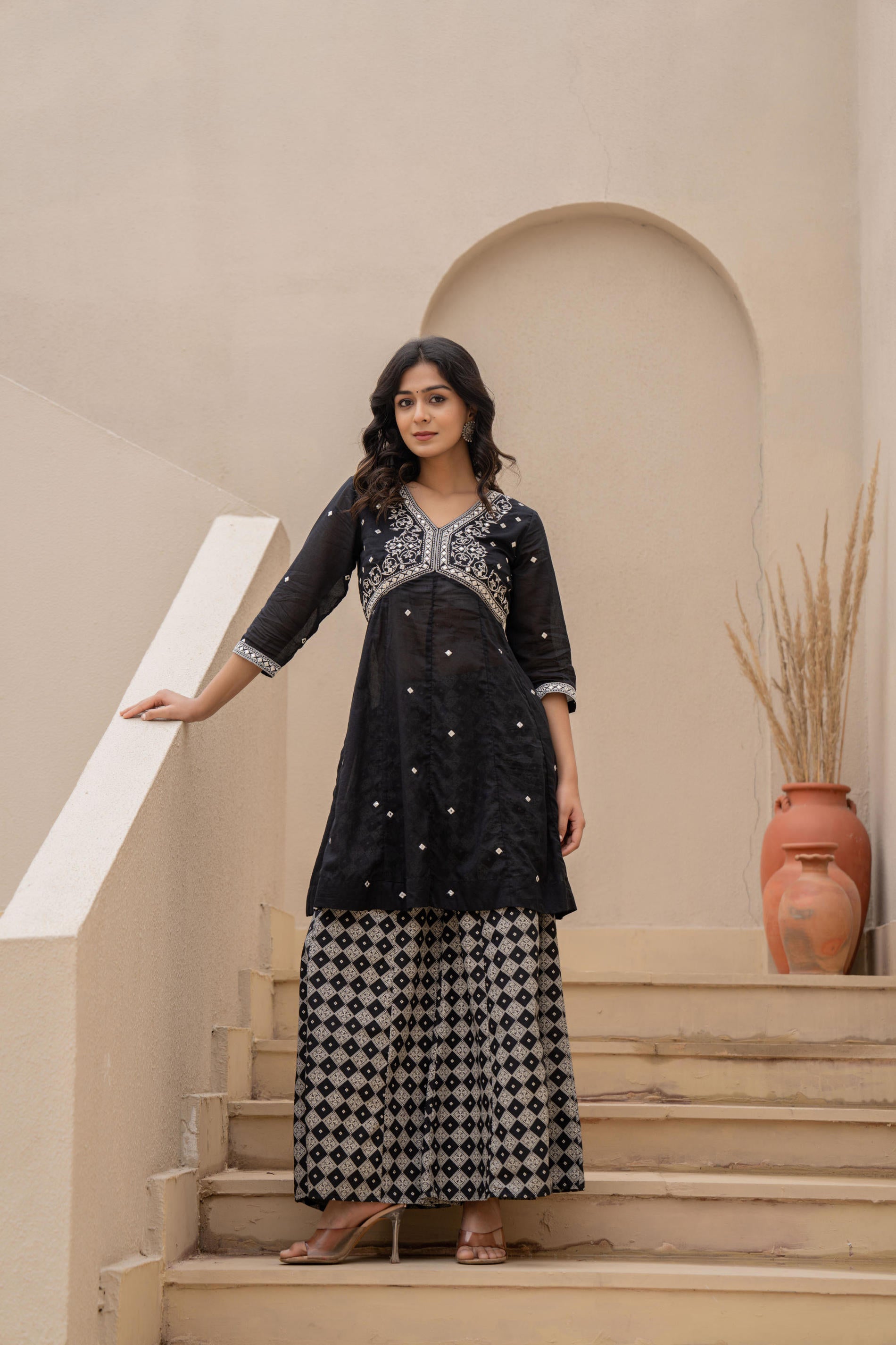 Juniper Black Kurta Set with Heavy Embroidered Neck and Printed Palazzo