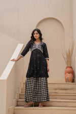 Thumbnail for Juniper Black Kurta Set with Heavy Embroidered Neck and Printed Palazzo