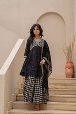 Thumbnail for Juniper Black Kurta Set with Heavy Embroidered Neck and Printed Palazzo