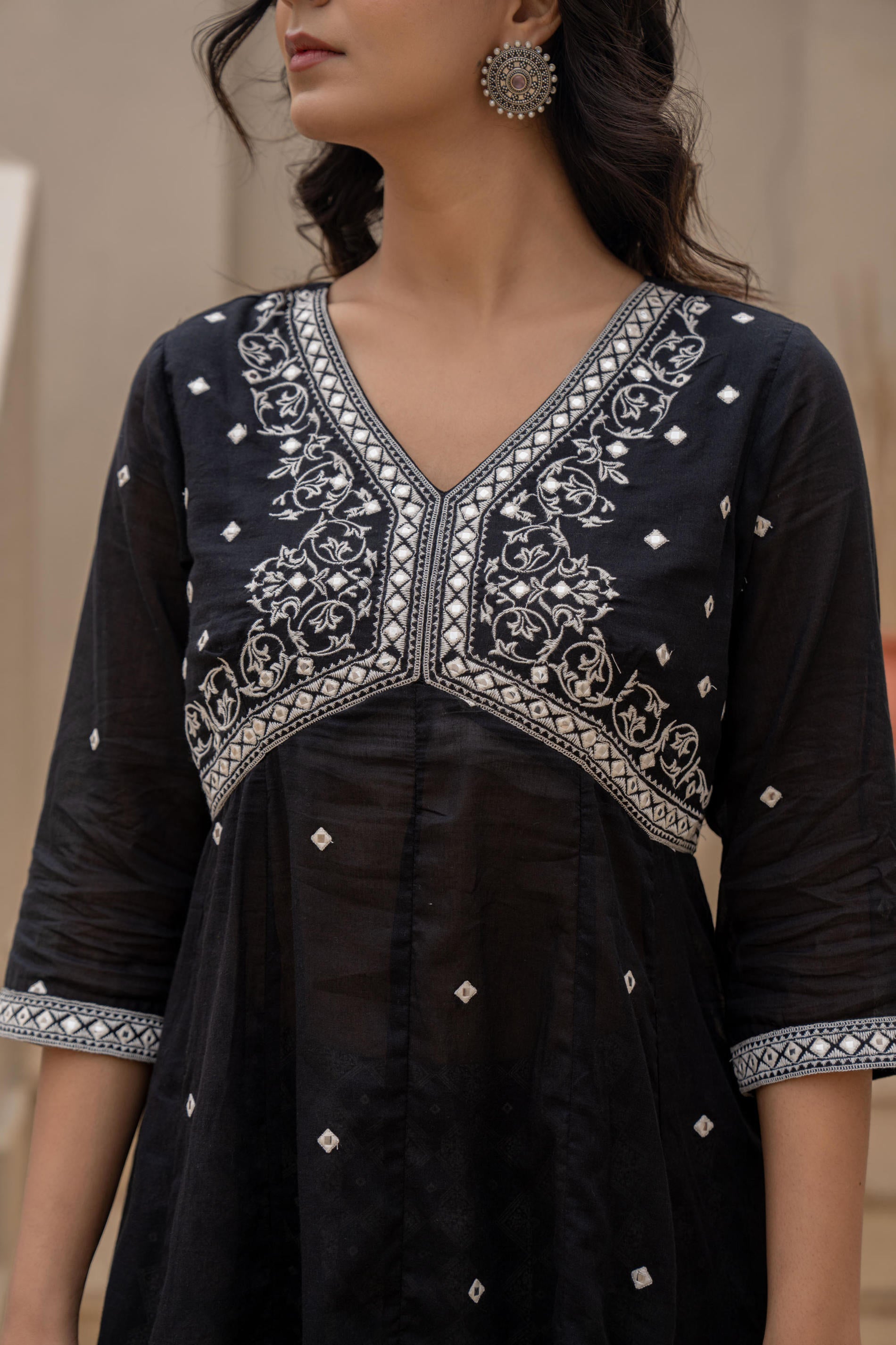 Juniper Black Kurta Set with Heavy Embroidered Neck and Printed Palazzo