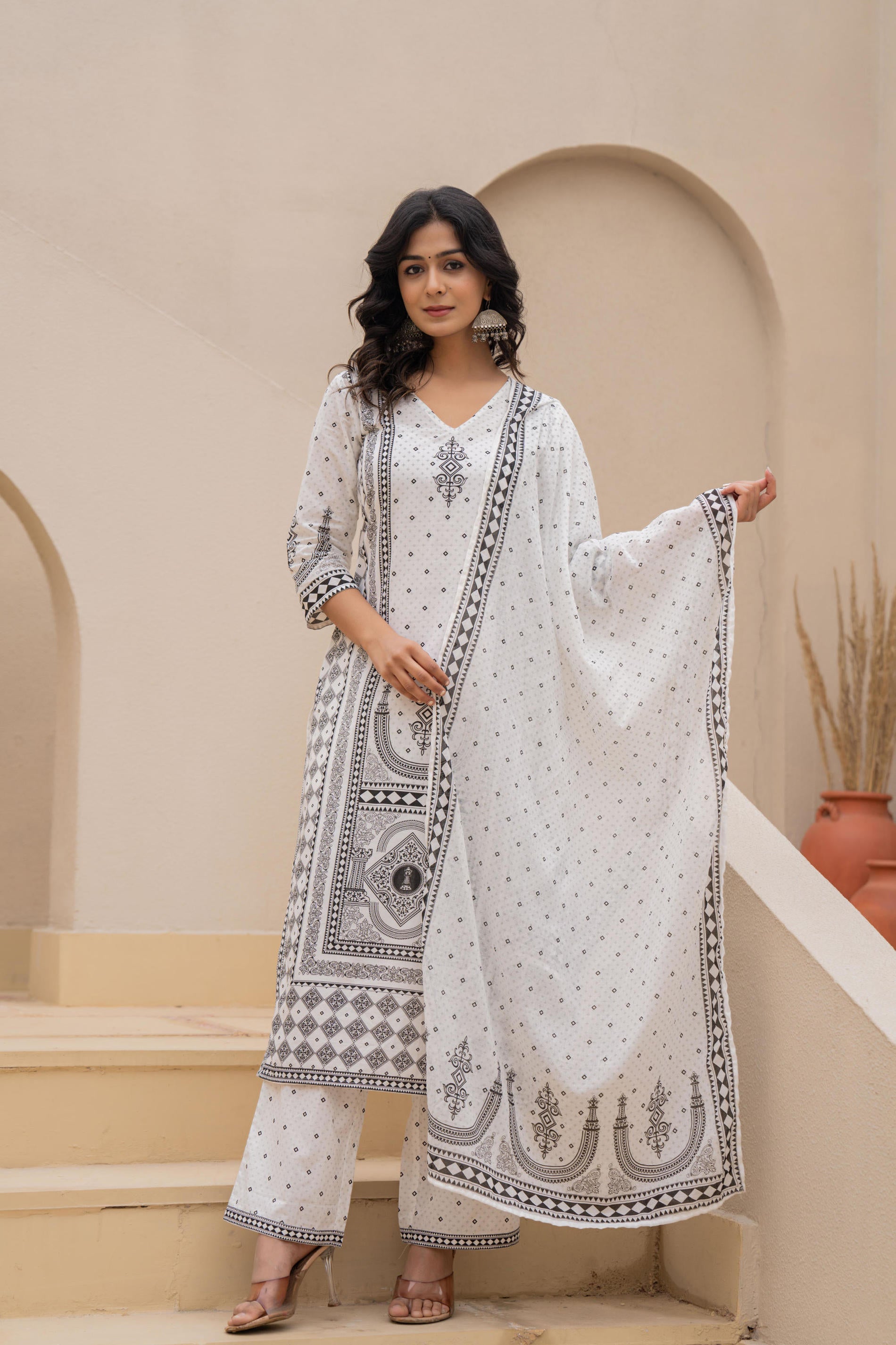Juniper White Printed Kurta Set with Palazzo & Dupatta - Distacart