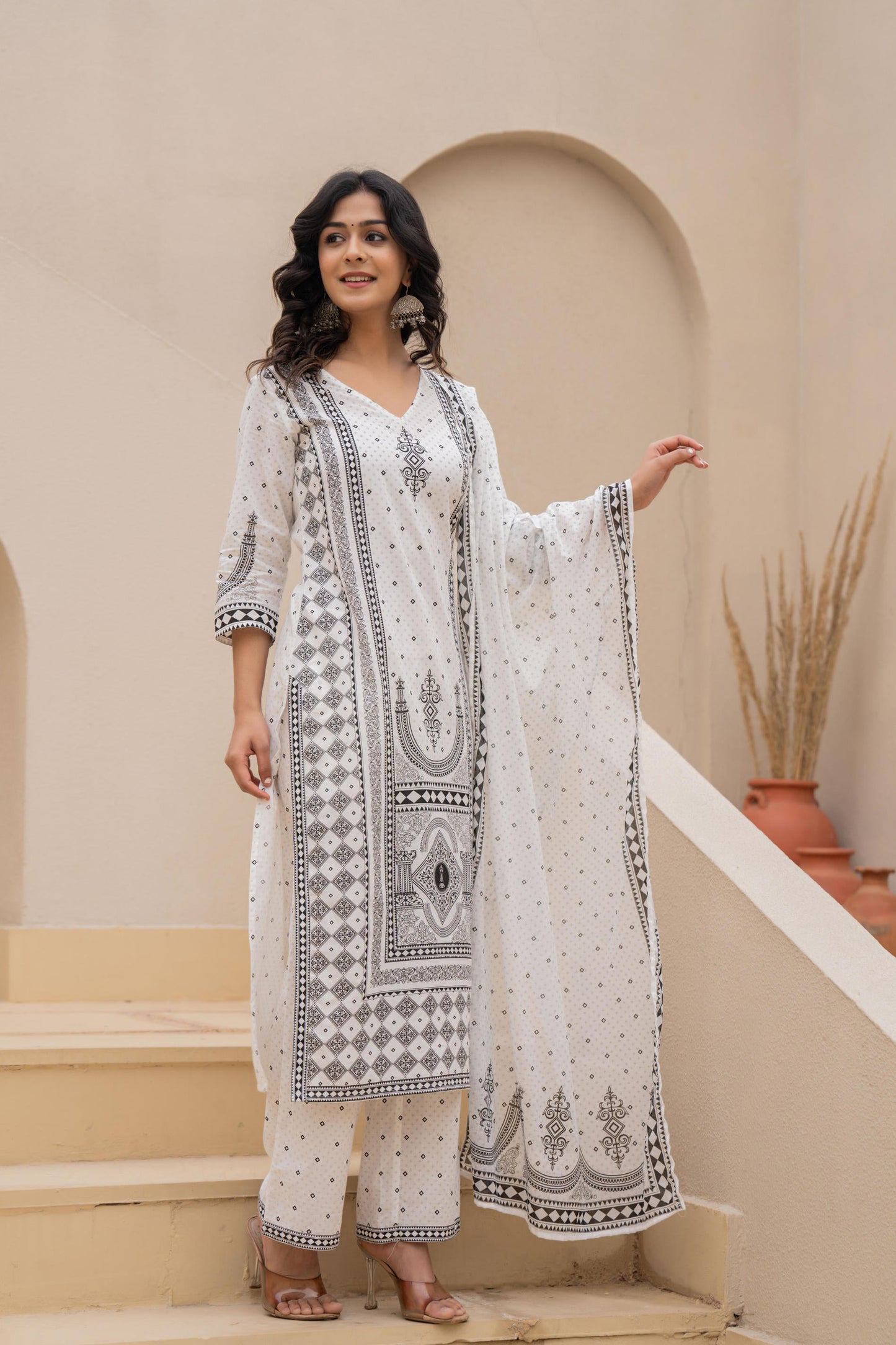 Juniper White Printed Kurta Set with Palazzo & Dupatta - Distacart