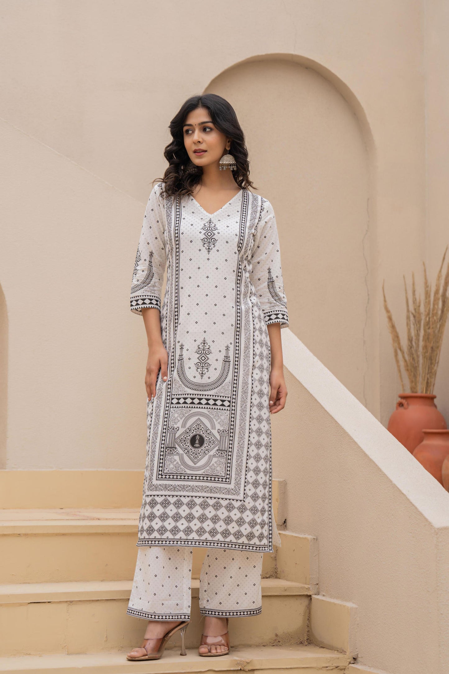 Juniper White Printed Kurta Set with Palazzo & Dupatta - Distacart