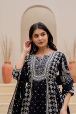 Thumbnail for Juniper Black Ethnic Motif Printed Kurta Set With Thread & Mirror Work