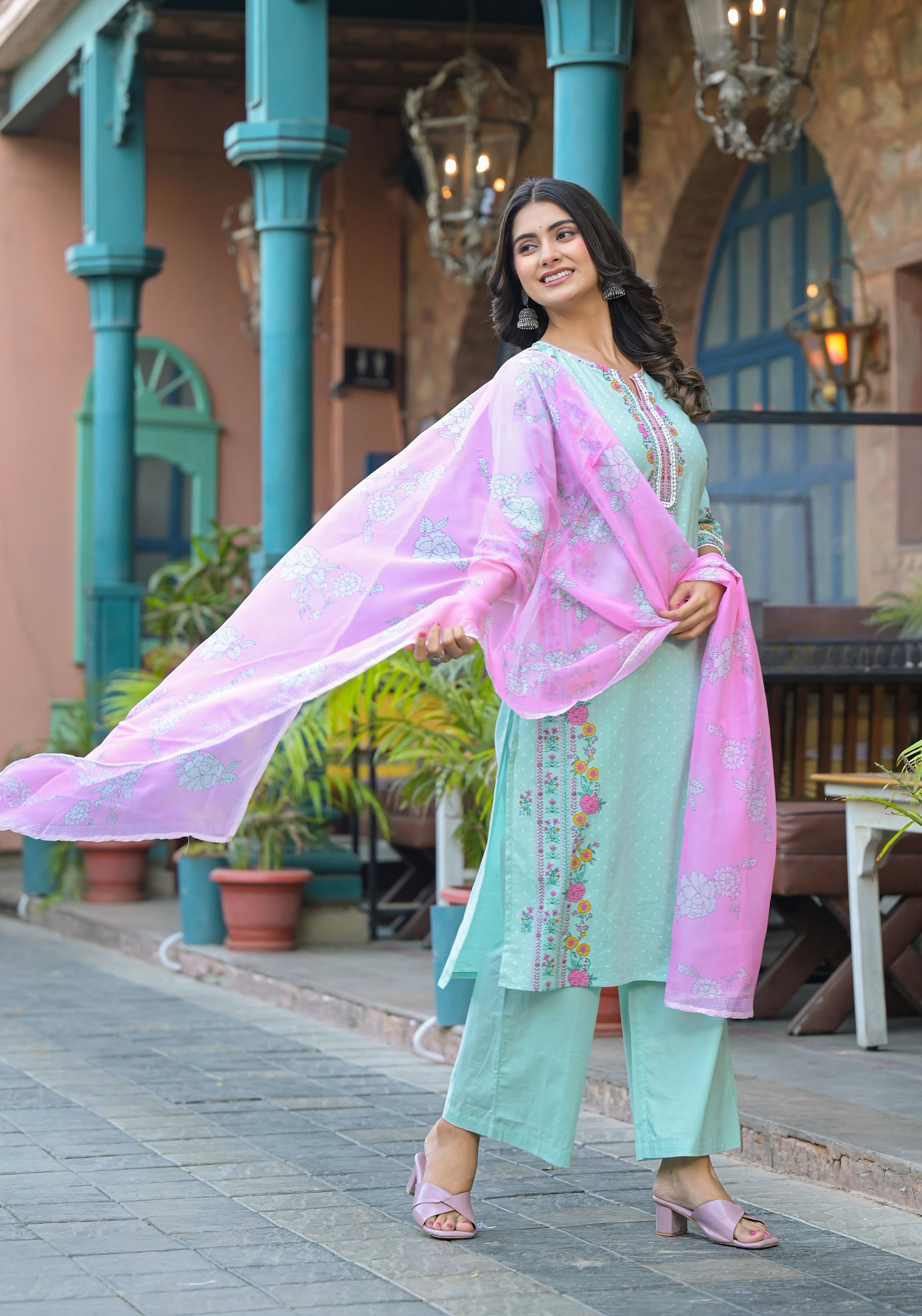 Juniper Mintgreen Pastel Harmony Printed Kurta Set - Distacart