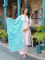 Thumbnail for Juniper Onion Pink Embroidered Kurta Set With Aqua Floral Dupatta - Distacart