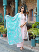 Thumbnail for Juniper Onion Pink Embroidered Kurta Set with Aqua Floral Dupatta