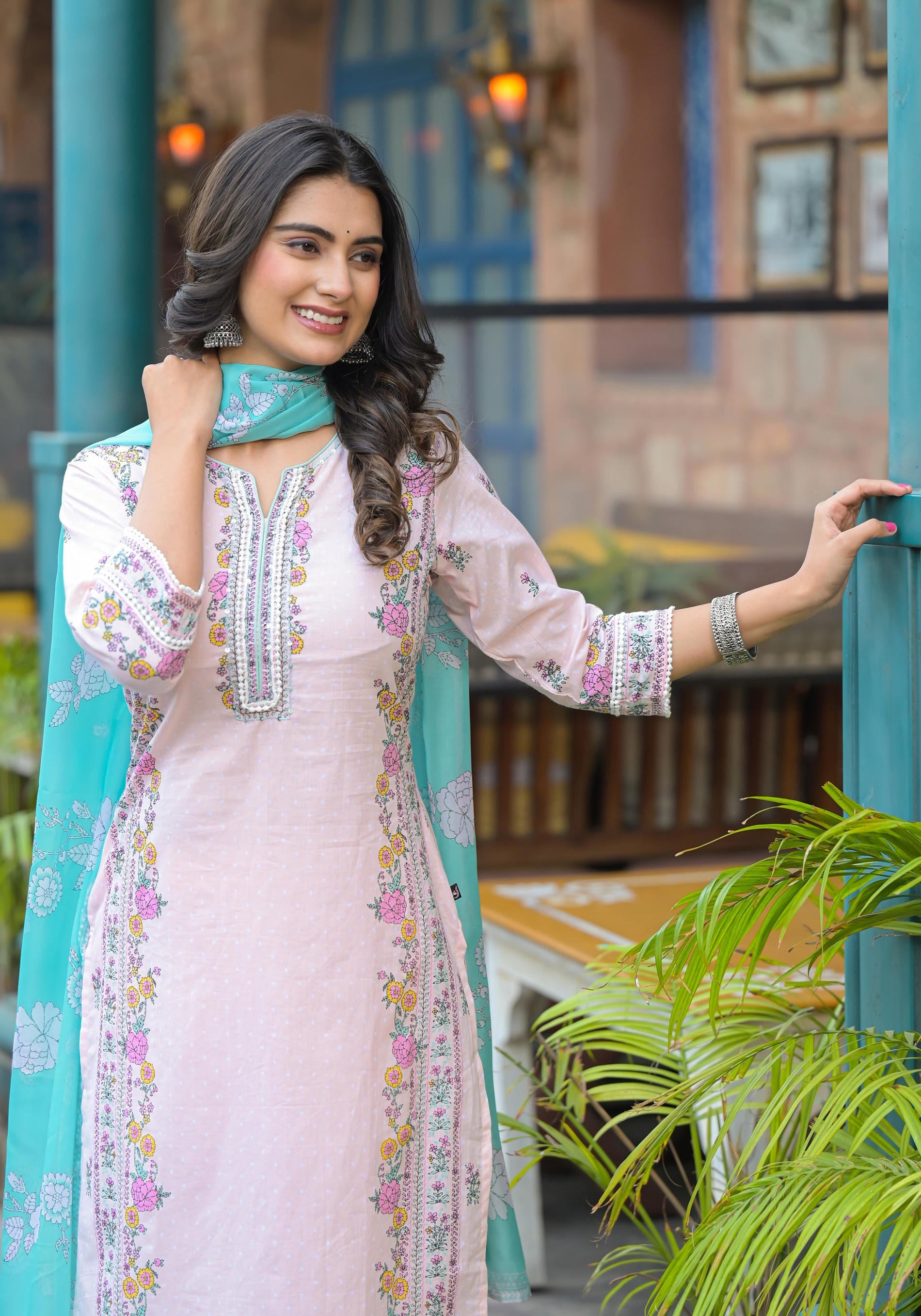 Juniper Onion Pink Embroidered Kurta Set with Aqua Floral Dupatta