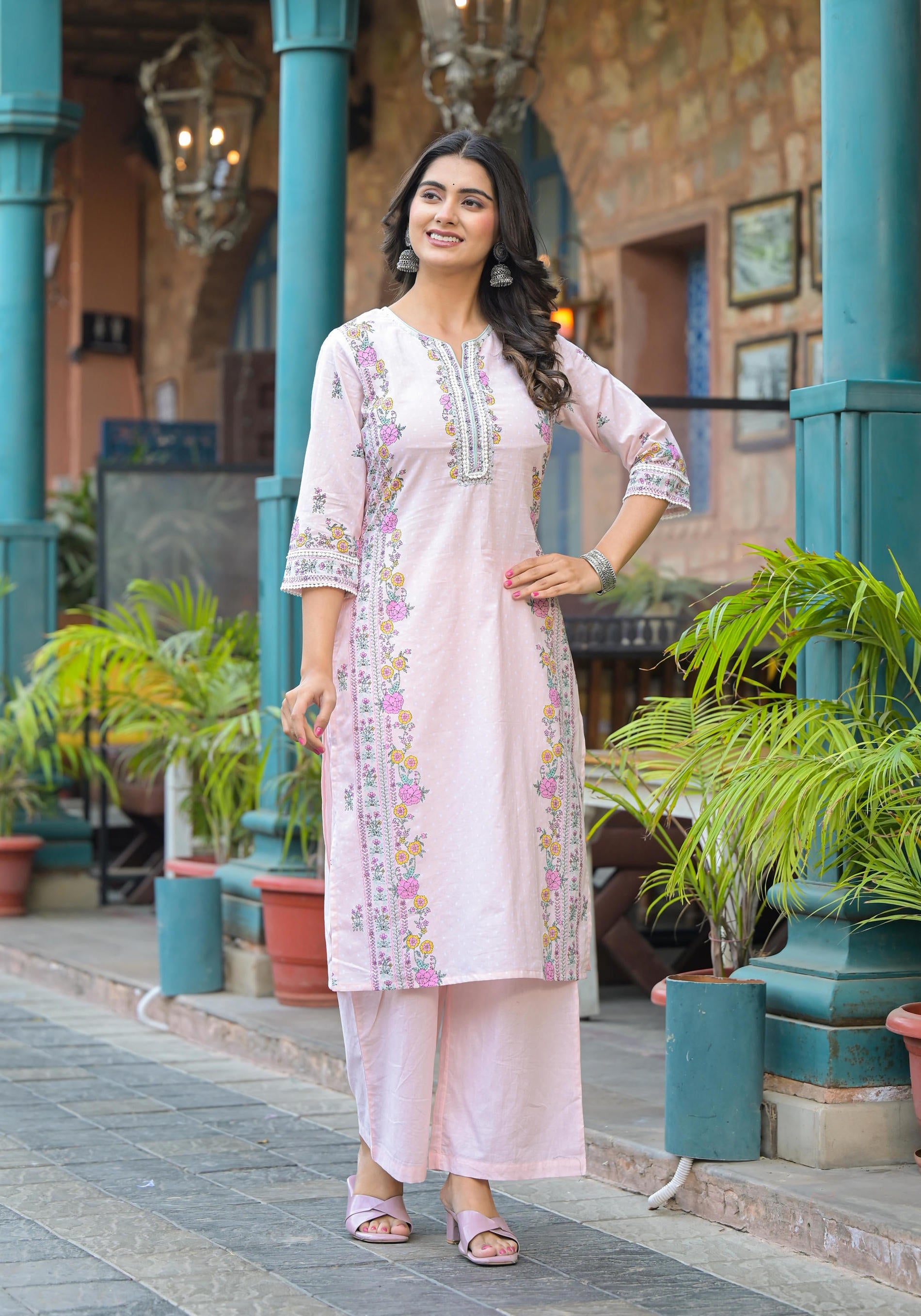 Juniper Onion Pink Embroidered Kurta Set with Aqua Floral Dupatta