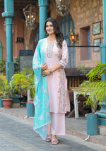 Thumbnail for Juniper Onion Pink Embroidered Kurta Set with Aqua Floral Dupatta