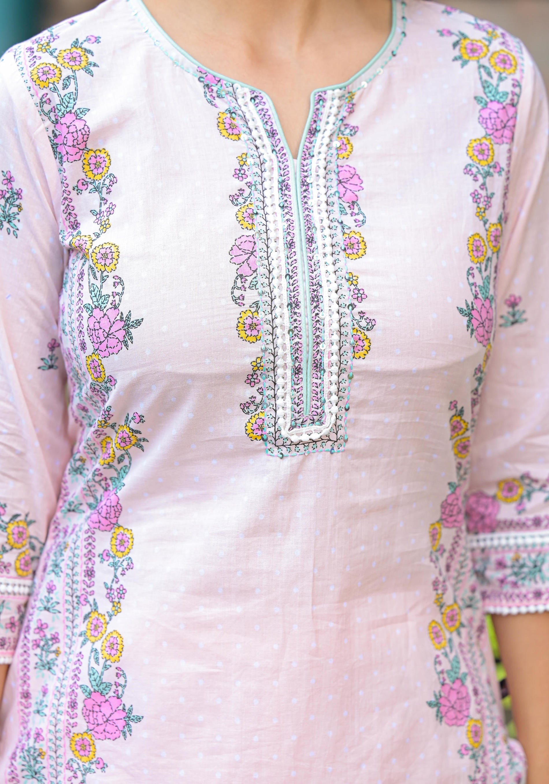 Juniper Onion Pink Embroidered Kurta Set with Aqua Floral Dupatta