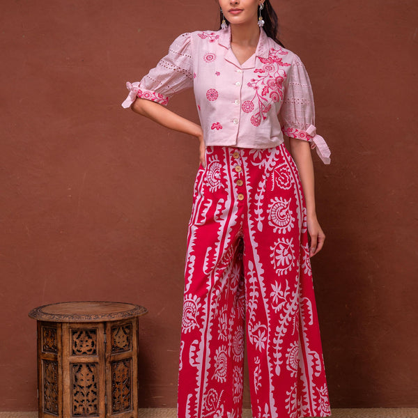 Juniper Embroidered Co-Ord Set With Eyelet Shirt And Printed Wide-Leg Pants