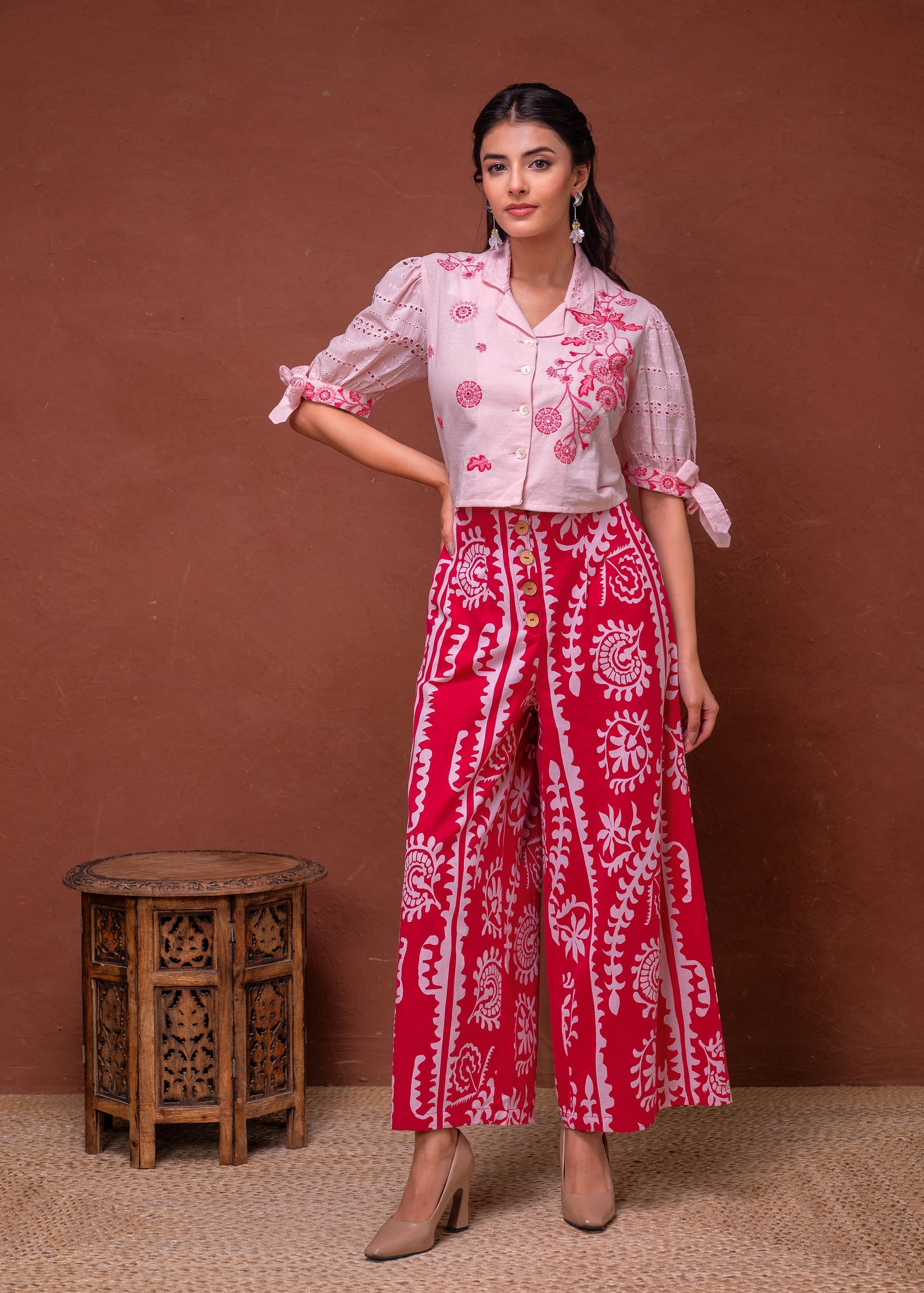 Juniper Embroidered Co-Ord Set With Eyelet Shirt And Printed Wide-Leg Pants - Distacart