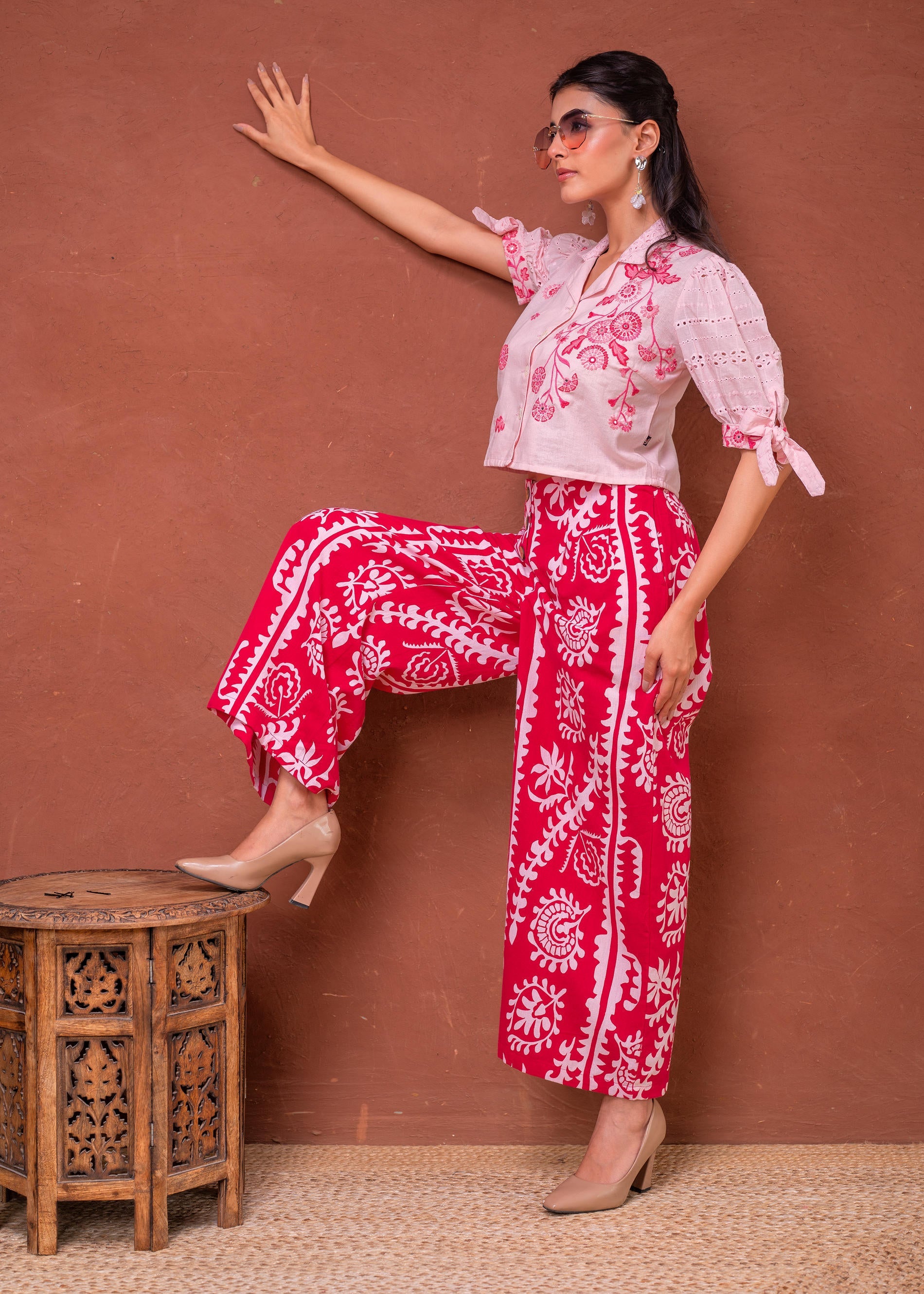 Juniper Embroidered Co-Ord Set With Eyelet Shirt And Printed Wide-Leg Pants - Distacart