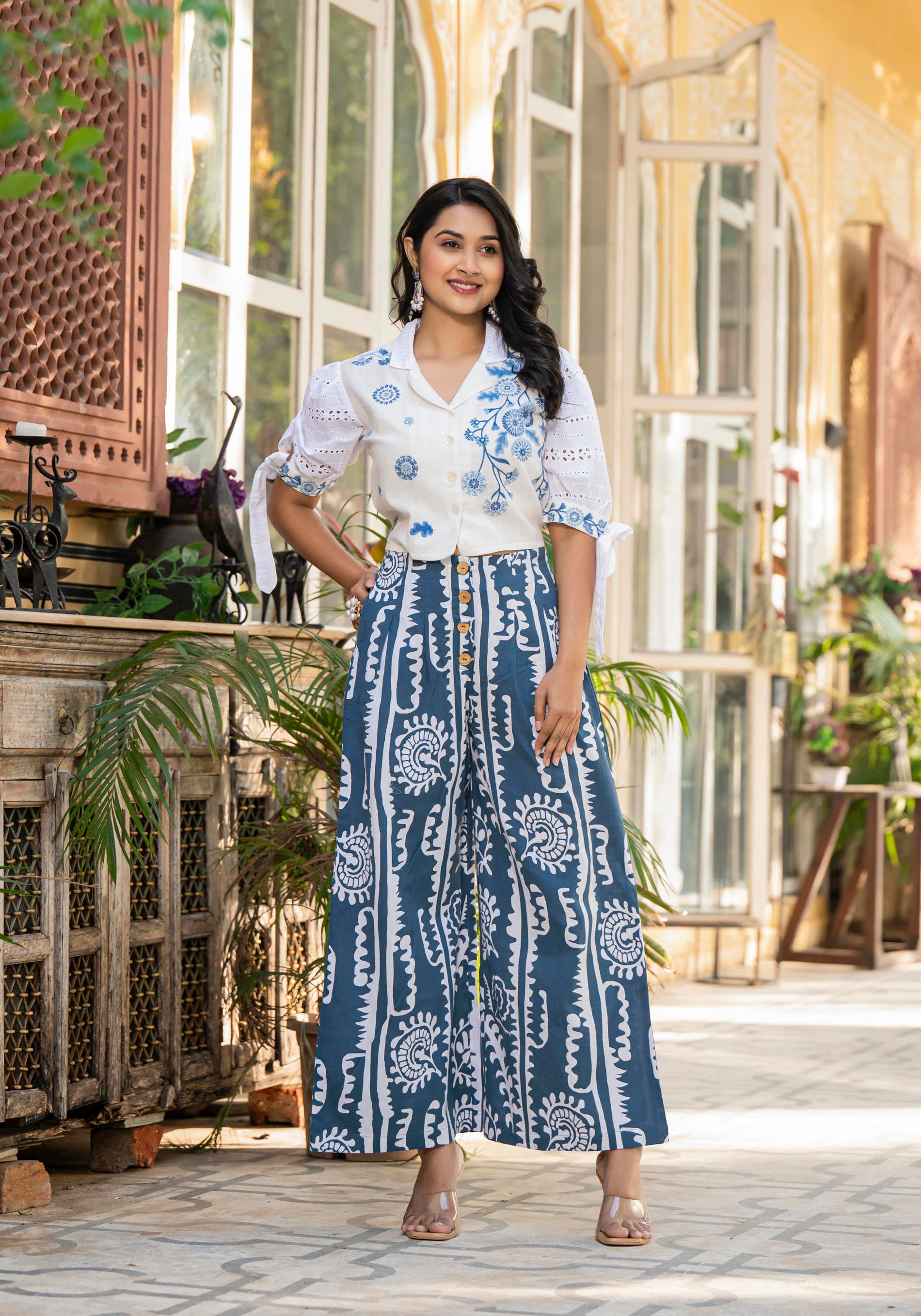 Juniper Embroidered Co-ord Set with Eyelet Shirt and Printed Wide-Leg Pants - Distacart