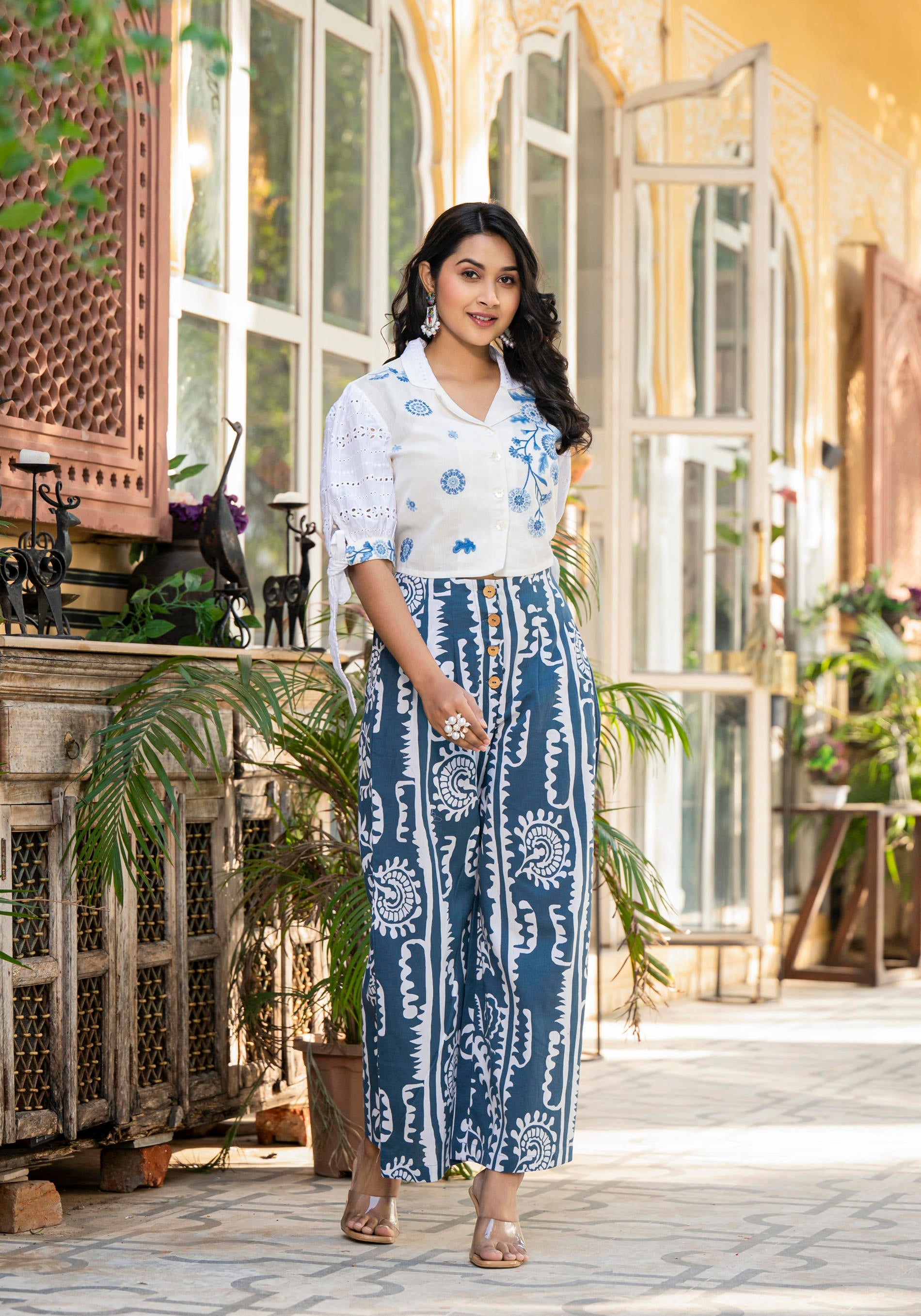 Juniper Embroidered Co-Ord Set With Eyelet Shirt And Printed Wide-Leg Pants