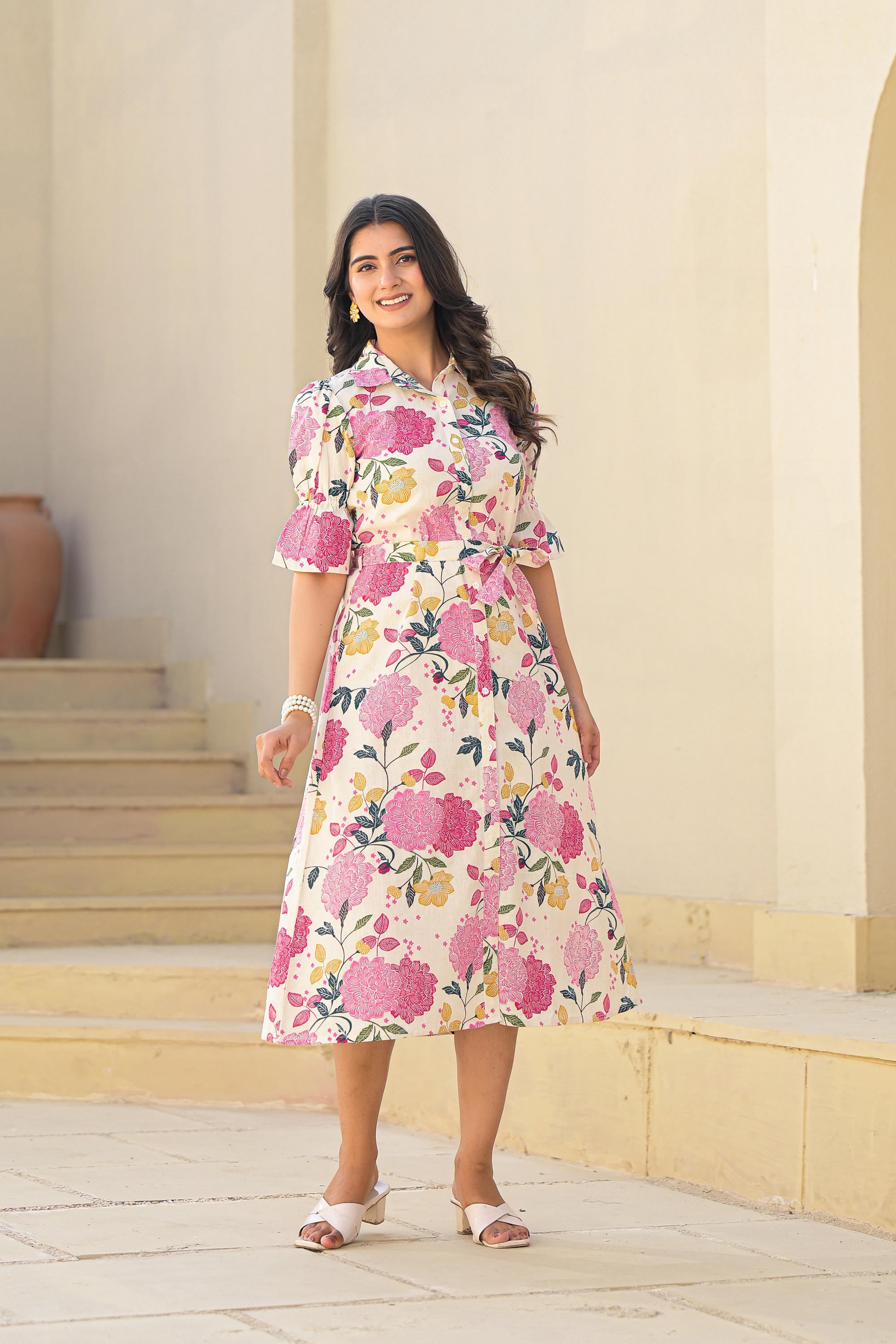 Juniper Pink Floral Printed Cotton Long Dress With Belt