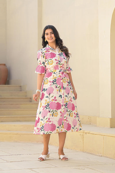 Juniper Women's Pink Floral Printed Cotton Long Dress With Belt - Distacart